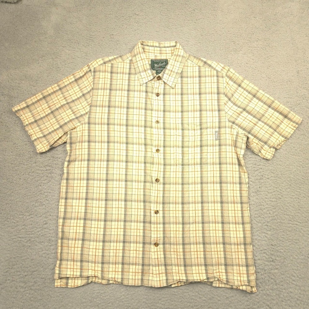 Woolrich Button Front Shirt Mens‎ Large Beige Gray Tan Plaid Short Sleeve